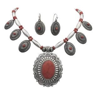 Red Stone Concho Western Necklace Earrings Set